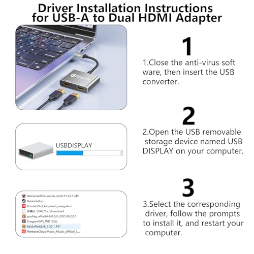 Image of Reborn USB to HDMI Adapter, 1080P@60Hz USB 3.0 Male to Dual HDMI Female Multi-Display Cable Converter Suitable for MacOS, Windows 7 /8 /10 /11 - Driver Installation is Required