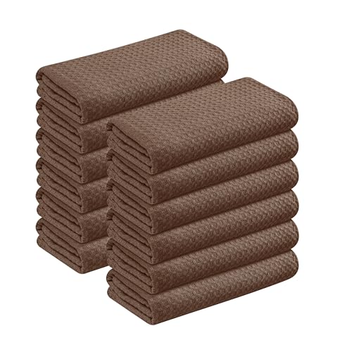 Image of Brown Kitchen Towels - Waffle Weave, 100% Cotton, Soft & Absorbent, Fast Dry, Durable, 16x26 Inches, Perfect for Dish Drying, Bar, Cleaning, Hand Wipe and Everyday Use, Set of 12