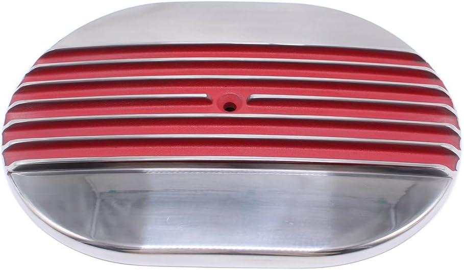 1 Set SHLPDFM Red Polished Aluminum 12'' X 2'' Oval Half Finned Air Cleaner Classic Nostalgia Fits for Chevy, Ford, & Mopar Hot Rod