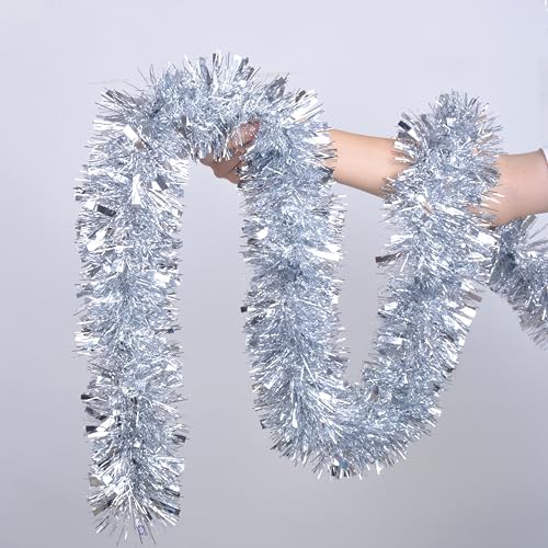 YUKL Silver Tinsel Garland 49.2Feet Christmas Garland Party Decorations Xmas Tree Decoration Xmas Garland for Twist Hanging Ceiling Indoor Outdoor Christmas Tree Decorations
