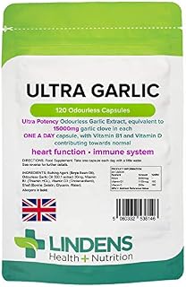 Lindens Ultra Garlic Odourless Capsules - 120 Pack - Including Vitamin B1 and D3 - Contributes to Normal Muscle Function, Heart and Immune Health - 15000mg Garlic (10500mcg Allicin) - UK Manufacturer, Letterbox Friendly