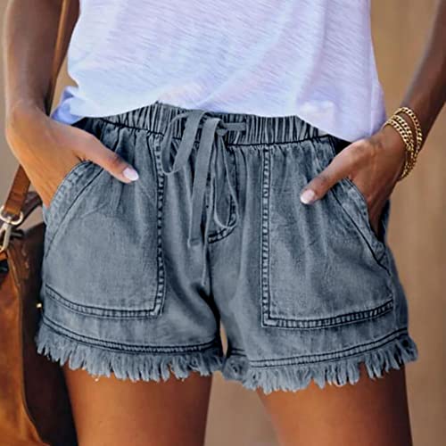 Womens Summer Jean Shorts Drawstring Waist Fringed Cut Off Shorts Stylish Teen Girls Casual Denim Shorts with Pockets2
