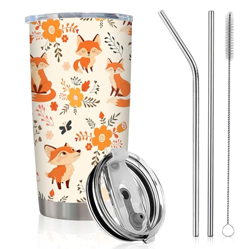 Fox Gifts for Women Fox Coffee Mug with Straw Travel Mug for Fox Lovers Stainless Steel Insulated Tumbler for Office Car Camping