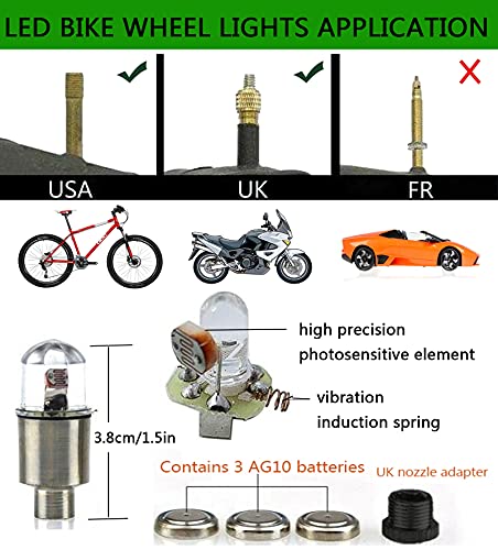 YUERWOVER LED Tire Lights for Car 4 Pack Trucks Valve Stem Caps Bike Golf Cart Firefly Wheel Light Bicycle Motorcycle Tyre Spoke Lamp Waterproof for Kids Boys with 10 Extra Batteries(Red) - Image 3