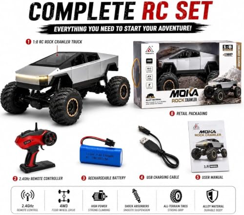 Image of 1:8 Scale 4WD RC Rock Crawler Truck | Alloy Body | High-Performance Off-Road Remote Control Vehicle for Kids & Adults