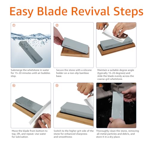 Amazon Basics Knife Sharpening Whetstone Kit, Dual-Sided 400/1000 and 3000/8000, Flattening Stone & Non-Slip Bamboo Base, 3 Count, Multicolored - Image 6