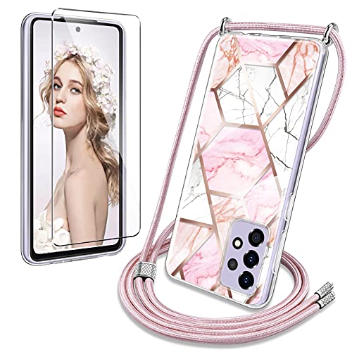 YIRSUR Cadena para teléfono móvil compatible con Samsung Galaxy A52 4G/5G, funda con cristal blindado, mármol, purpurina, collar con cordón...