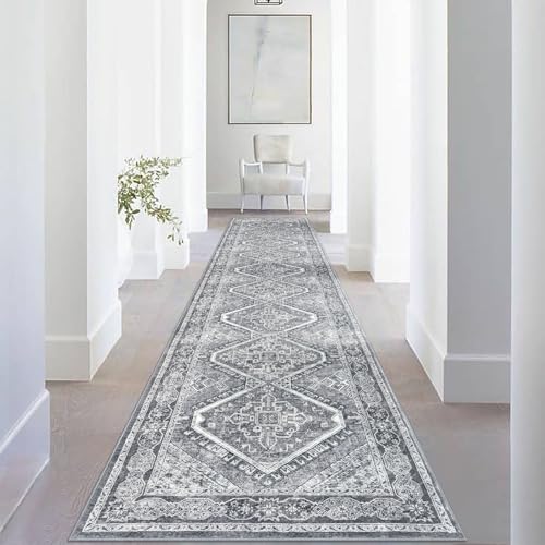 KUTA Medallion Washable Runner Rug 2.6x14, Non-Slip Hallway Kitchen Runners Grey with Rubber Backing, Ultra Soft Printed Distressed Oriental Vintage Extra Long 14ft Stairs Carpet Rugs