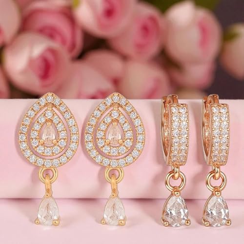 Image of Nilu's Collection 18k Rose Gold Plated Clip On Hoop Earrings, Stylish Women Earrings, Fancy Zircon Copper Bali Earrings for Women and Girls (Drop design)