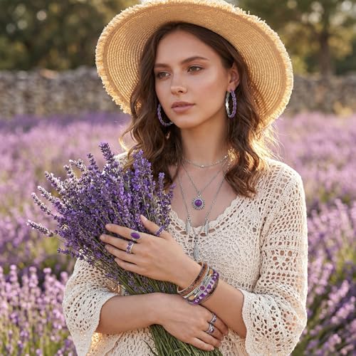 Image of Ecally Bohemian Western Jewelry Turquoise Set Women Country Pendant Long Choker Layered Bracelets Earrings Ring for Women