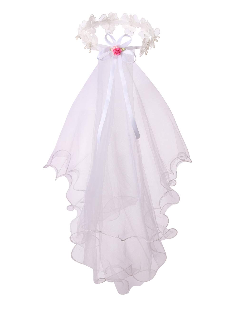 Floral First Communion Veils for Girls White Pearl Wreath Crown Bow Veil