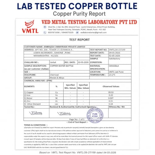 Image of AMRIQE Lab Tested Pure Copper Water Bottle 32 Oz Large Glossy Hand-Hammered