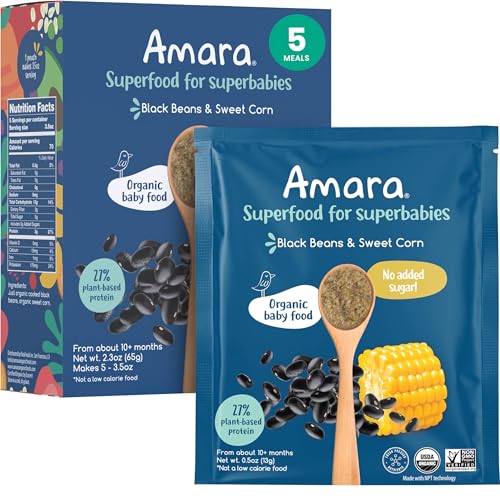 Image of Amara Organic Baby Food - Stage 3 - Black Bean & Sweet Corn - Baby Cereal to Mix With Breastmilk, Water or Baby Formula - Shelf Stable Baby Food Pouches Made from Organic Veggies - 5 Pouches, 3.5oz Per Serving
