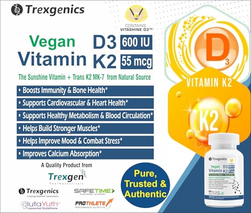 Image of Trexgenics VITAMIN D3 + K2 SYNERGY, 600 IU from Vitashin D3 Lichen + TRANS K2 as MK7 55 mcg Bone, Cardiovascular, Immunity (60 Veg Capsules)