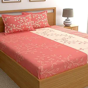 Dreamscape 100% Cotton King Bedsheet with 2 Pillow Covers Set, 144tc Floral Peach Bedsheets for King Bed Cotton (Size 7.3ft X 9ft)