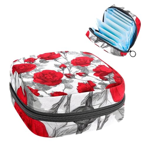 Portable Sanitary Napkin Storage Bag, Menstrual Cup Pouch Feminine Menstruation Pads Bag for Teen Girls, Tampons First Period Kit, Seamless Roses Red on White Background