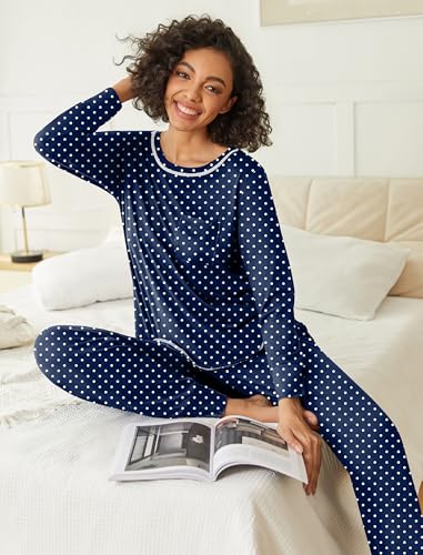 Image of Ekouaer 2 Pack Womens Pajama Sets Long Sleeve Lounge Sets Soft Pj Sleepwear Loungewear