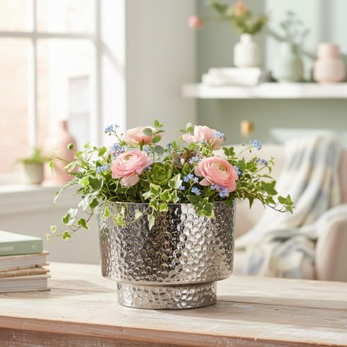 Image of Xtore Striking Textured Ceramic Planter Pot | Sculpted Metallic Silver Finish with Contemporary Appeal for Living Room, Desk & Tabletop Decor (Pack of 1,Planter Only)
