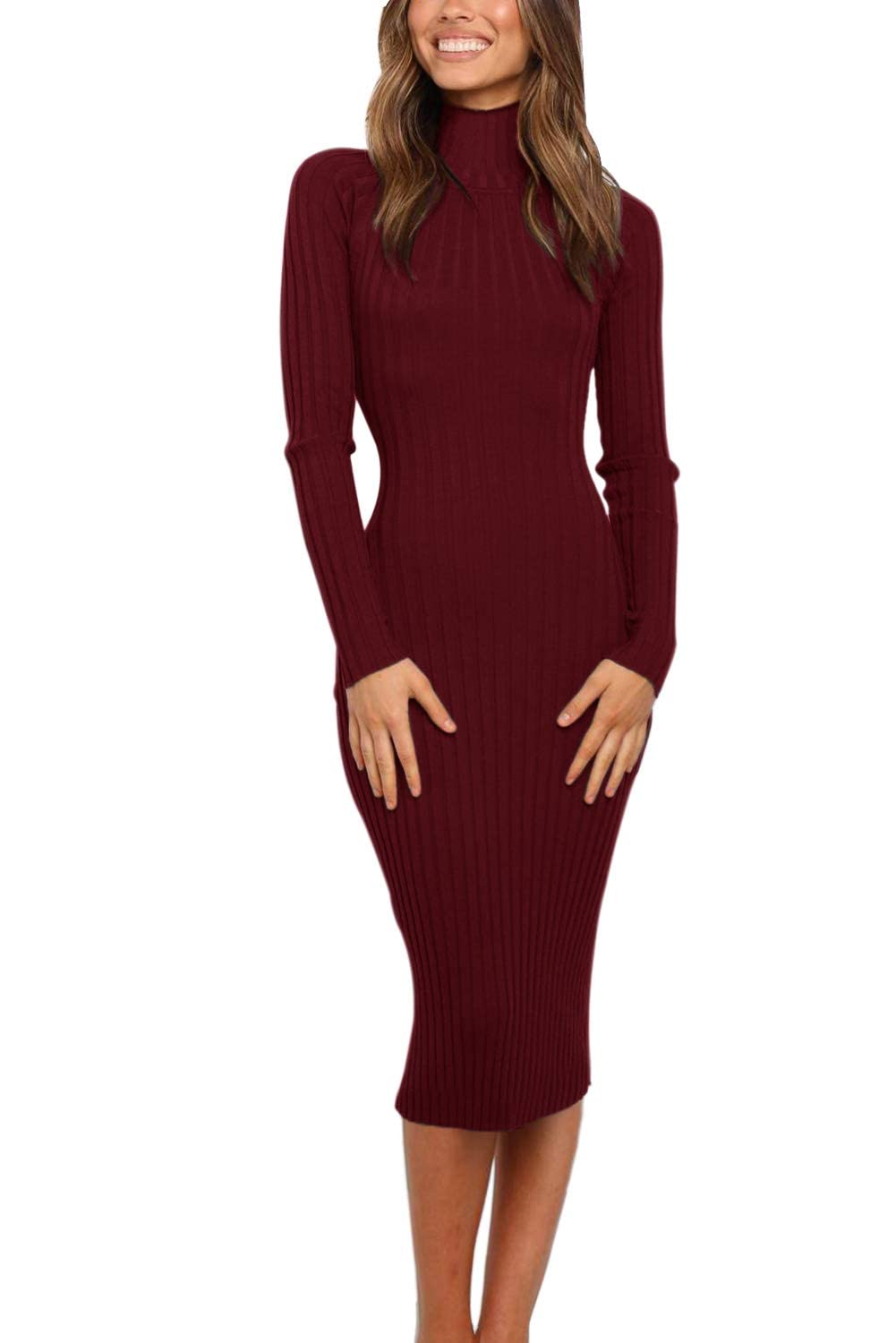 MEROKEETY Women's 2025 Ribbed Long Sleeve Sweater Dress High Neck Slim Fit Knitted Midi Dress, Wine, M