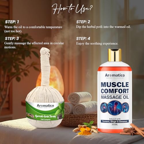 Image of AROMATICO Potli Massage Muscle Comfort Kit. Combo Pack of Muscle Comfort Massage oil (300ml) & Herbal Massage Potli (200gm).