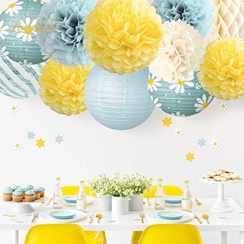 NICROLANDEE 12Pcs Baby Blue Yellow Tissue Pom Poms Daisy Shape Confetti for Birthday, Baby Shower, Daisy Party, Garden Party, Wedding, Engagement, Bridal Shower, Easter Party Decorations