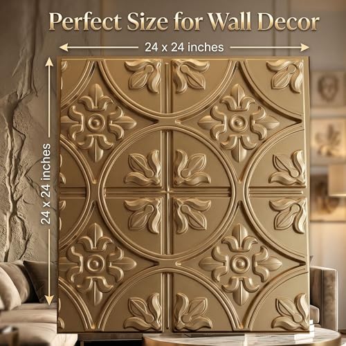 Image of Kayra Decor Waterproof 3D PVC Ceiling Panels (2x2 Feet) - Anti-Dampness & Heat Resistant False Ceiling Tiles - Durable Alternative to POP & Gypsum - Pack of 18 - Champagne Gold