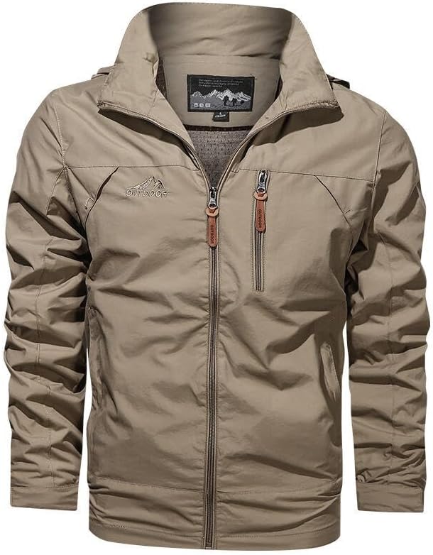 BIVENANT Men's Detachable Hooded Full Zip Khaki Rain Jacket Lightweight Solid Color Outdoor Coats with Pockets