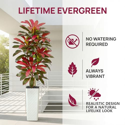 Image of Artificial Red Dracaena Tree Indoor, 7FT Tall Fake Floor Plants with White Planter & Pebbles, Faux Silk Yucca Tree for Home Office Living Room Bedroom Farmhouse Modern Outdoor Topiary Tree