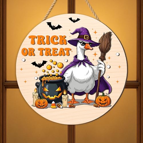 Whimsical Halloween Door Hanger – Charming Witch Goose with Broom Wooden Sign – Trick or Treat Decorative Plaque with Bat and Spider Web – Adorable Fall Front Door Charm - Image 2