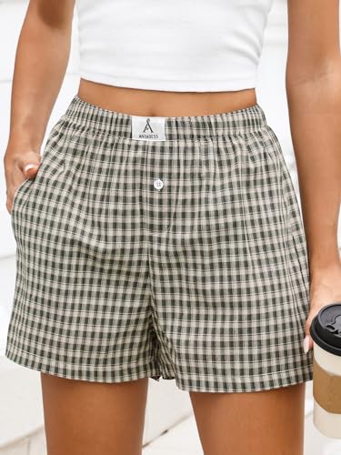 Image of ANRABESS Boxer Shorts for Women Gingham Pajama 2026 Summer Casual Lounge Sleep Plaid Shorts Y2K Beach Bottoms