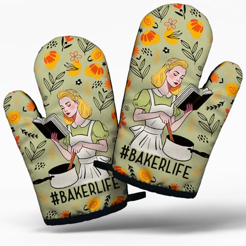 Funny Bake Lover Cooking and Baking BBQ Kitchen Gadgets with Heat Resistant Silicone Non-Slip, Baker Life Oven Mitts Set of 2, Gifts for Bakers Mom Wife Sister BFF Colleague Chef Friends Hostess