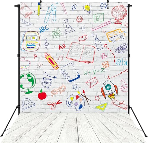 Graduation Backdrop Hand Painted Pencils White Brick Classroom Wall Photography Background Online Teaching Party Decorations Banner (8x10FT: 96x120 inch)