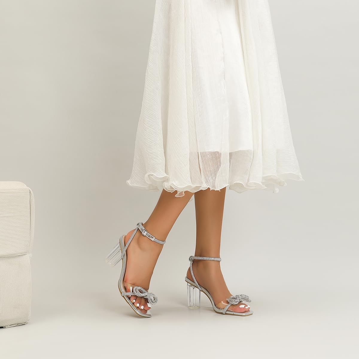 Amoji Women's Clear Heels 3 Inch Chunky Sparkly Rhinestone Bow Lady Strappy Heeled Sandals 337 Silver 6 women - Image 2