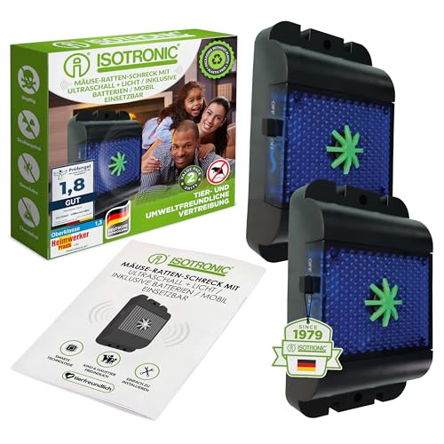 Preisvergleich Produktbild ISOTRONIC Ultraschall Nagetierabwehr / Batteriebetrieben für Innen & Außen / gegen Mäuse, Ratten, Marder, Siebenschläfer, Füchse & Waschbären / Wildtierabwehr mit blauem LED-Licht