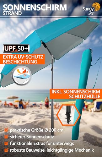4smile Sonnenschirm Strand SunnyJoy, Türkis - UPF 50+ Strandschirm Ø 200 cm, sicherer Sonnenschutz Strand, Strandschirm windfest stabil - Sonnenschirm mit Schutzhülle 2