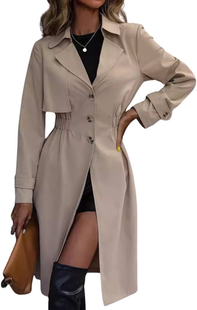 chouyatou Women's Elegant Single Breasted Long Trench Coat Cinch Waist Windproof Overcoat Outerwear