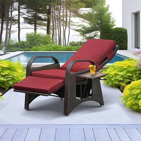 Skypatio Indoor/Outdoor Wicker Recliner Chair, Independently Adjustable Backrest and Footrest Patio Recliner Lounge Chair with Flip Side Table(Red) Cover