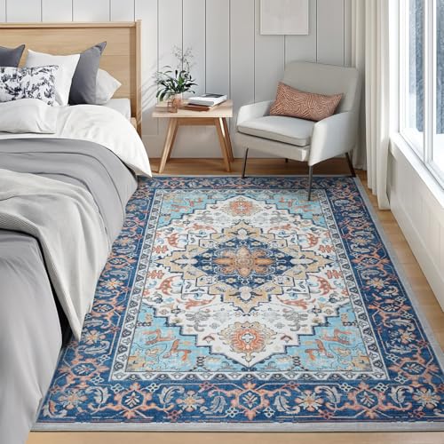 Lofus 6x9 Area Rugs for Living Room, Washable Area Rug, Rugs for Bedroom, Kitchen, Vintage Boho Carpet, Soft Non-Slip, Low Pile Large Area Rug for Office Dining Room, Floral Blue