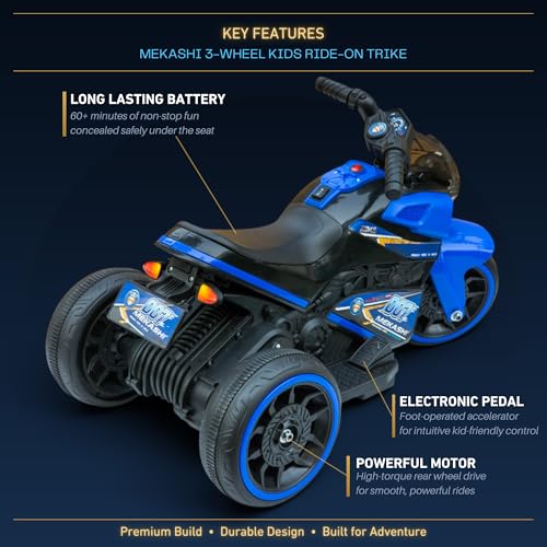 Image of MEKASHI 6V Electric Ride-On Bike for Kids | Turbo Blue | Battery Operated Motorcycle with Bluetooth Music, LED Headlight, Foot Accelerator & Training Wheels | Ride-On Toy for Boys & Girls 1-4 Years