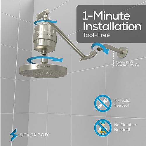 Image of SparkPod Filtered Shower Head & 11 inch Shower Arm, 6 inch Round, Brushed Nickel | Showerhead for Hard Water, High Pressure Shower Head, Adjustable Showerhead, Universal Connection, Gain Space & Style