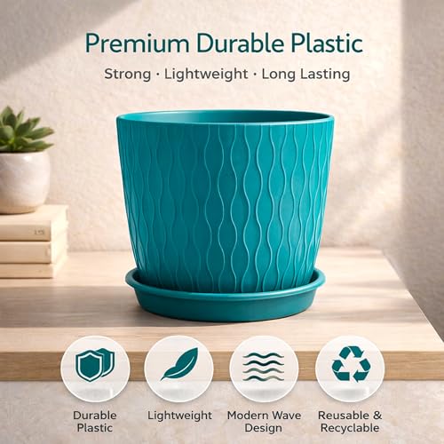 Image of Eightiz (Pack of 5 6 Inch Plastic Flower Pots for Indoor & Outdoor Terrace,Garden Plants Decorative Planters with Drainage Holes & Matching Saucers Durable & Lightweight (Bluegreen)