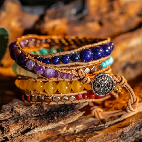 YGLINE Boho Handmade Wrap Leather Tube Crystal Stone Bracelet for Women(chakra beads) — view 3