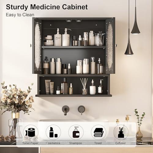 Armario de medicamentos para baño, 23x24 pulgadas, color negro, con 2 puertas acrílicas ovales, estante abierto, estilo moderno y ahorrador de espacio, para baño, cuarto de lavado o cocina miniatura 3