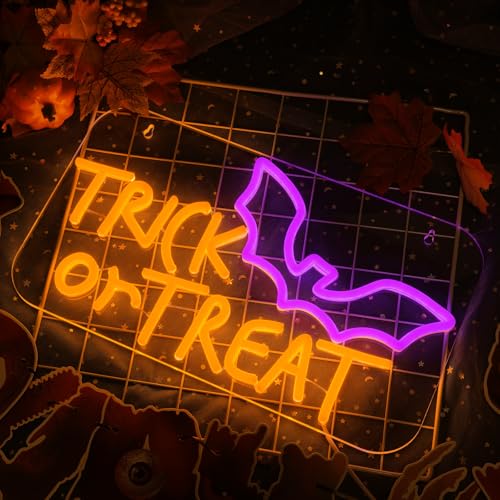Image of MissAudrey Trick or Treat Neon Sign for Wall Window Decor, 15 * 8.7in Halloween Party Hanging Bat Neon Sign,USB Powered Dimmable Halloween Sign Decorations for Home Bar Salon Coffee Stores Porch