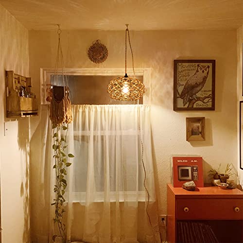 Eyassi Plug In Pendant Light With Led Bulb, Rattan Hanging Lamp With 15.1Ft Dimmable Hemp Rope Cord,Hand Woven Hanging Lights With Plug In Cord Boho Plug In Chandelier For Bedroom Hallway Living Room #TOP7