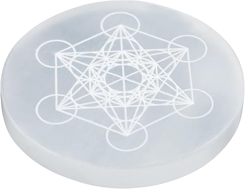Placa de carga de selenita con diseño de cubo de metatrón, cargador de cristal curativo grabado de 4 pulgadas  Posavasos redondo de disco para el