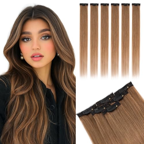 MY-LADY Extensiones de Pelo Natural Clip 6 Piezas 35cm Liso Highlight Hair Extenison Human Hair Para Mechas #06 Marrón Claro 36g