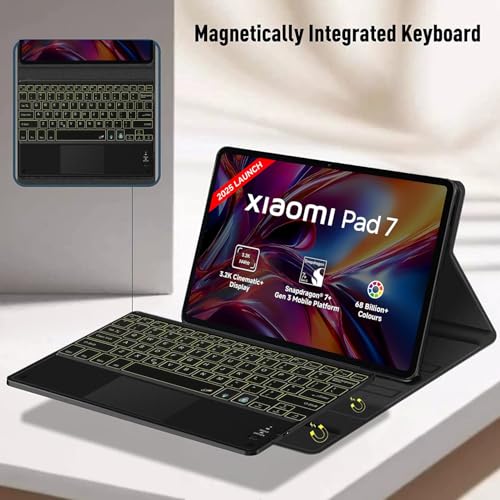 Image of HOM Tri Fold 7-Colour Backlight Detachable Wireless Bluetooth Keyboard with Trackpad /Touchpad & Tablet Cover Case for Xiaomi Mi Pad 7 11.2 inch - Black