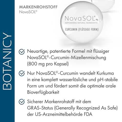BOTANICY Curcuma forte - 30 Kurkuma Kapseln - Flüssiges NovaSOL Curcumin plus Vitamine C und D - Hochdosiert, Hohe Bioverfügbarkeit, Ohne Piperin - Laborgeprüft in Deutschland