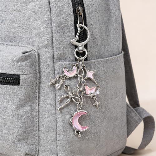 Image of Zibuyu Silver Alloy Keychain, Pink Moon Star Butterfly Dangle Bag Charm | Adds Style to Bags, Helps Locate Keys, Silver Alloy, Multi-Chain Dangle, Pearl Bow Accents, Wipe Clean